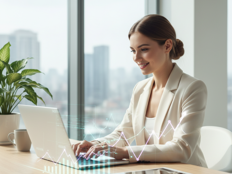 Illustration of a person efficiently working with a laptop and various digital tools.