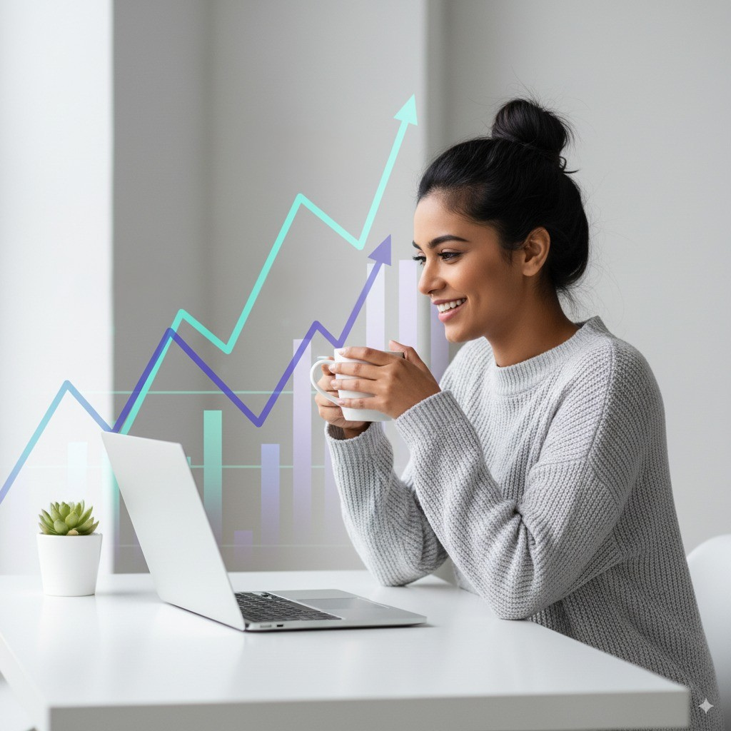 woman sitting at a white desk holding a cup of coffee and smiling, looking at a computer screen